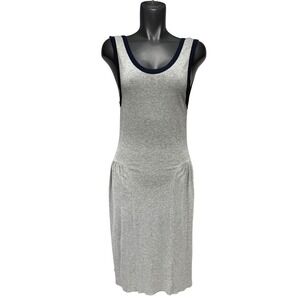 CLAUDIE PIERLOT Silver Metallic Knit Navy Trim Drop Waist Stretch‎ Midi Dress S